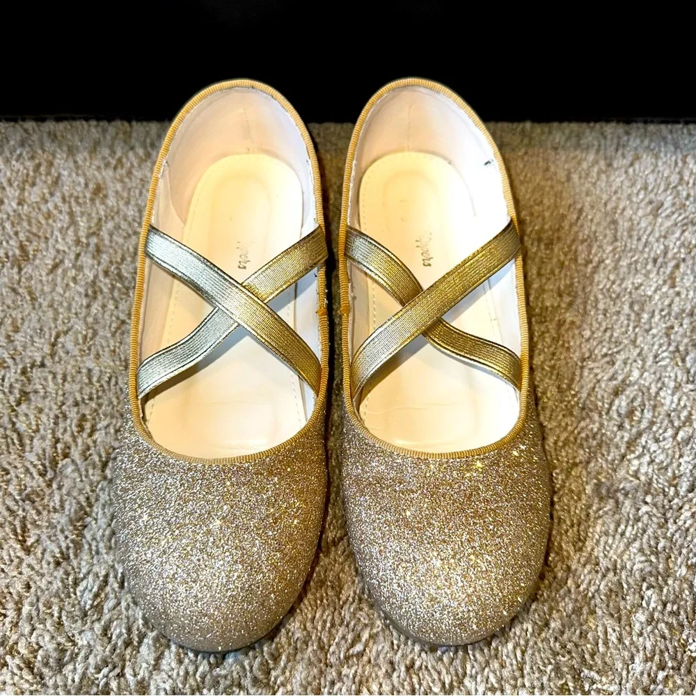 Girls' Gold Glitter Dress Flats with Cross-Strap